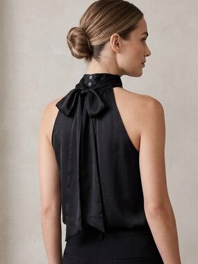 LOFT Black Satin Halter Top with Tie Back